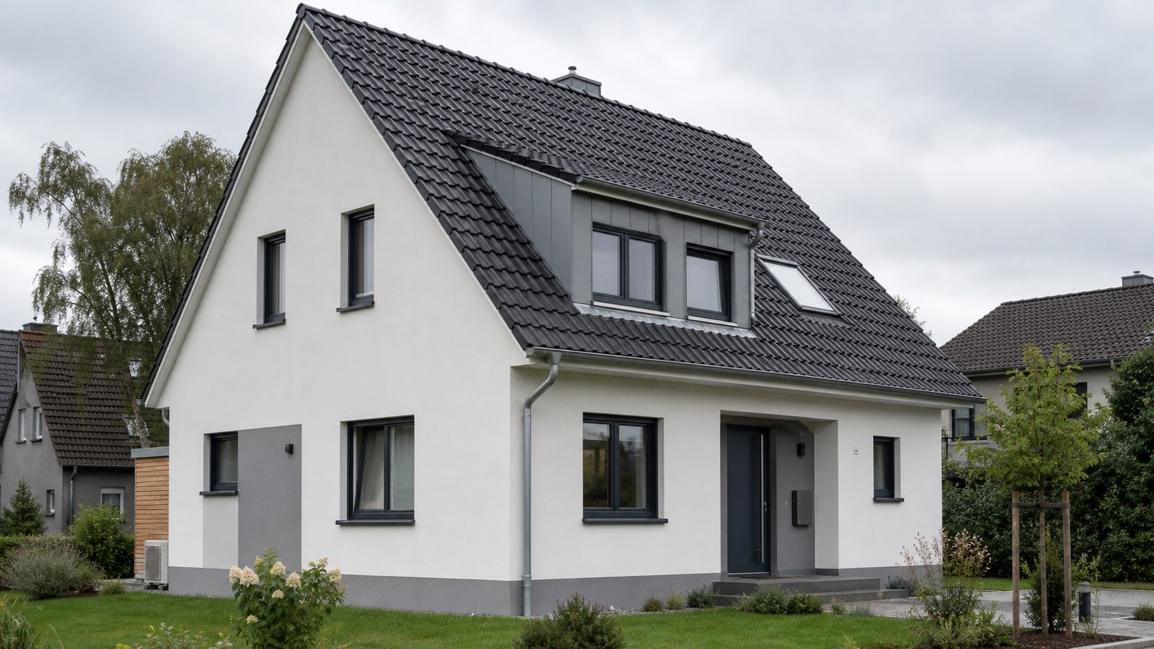 Saniertes deutsches Wohnhaus mit Satteldach als Symbol für KfW-261-Effizienzhaus-Förderung